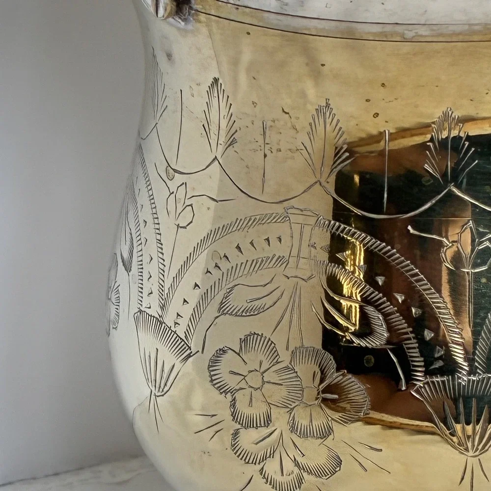 Vtg SilverPlated Brass Etched Floral Ice Bucket Hollywood Regency Grandmillenial